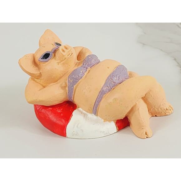 Pig In Bikini On The Beach Figurine Piglet Piggy Resin 3" Year 90s Pig Lover - Picture 9 of 12
